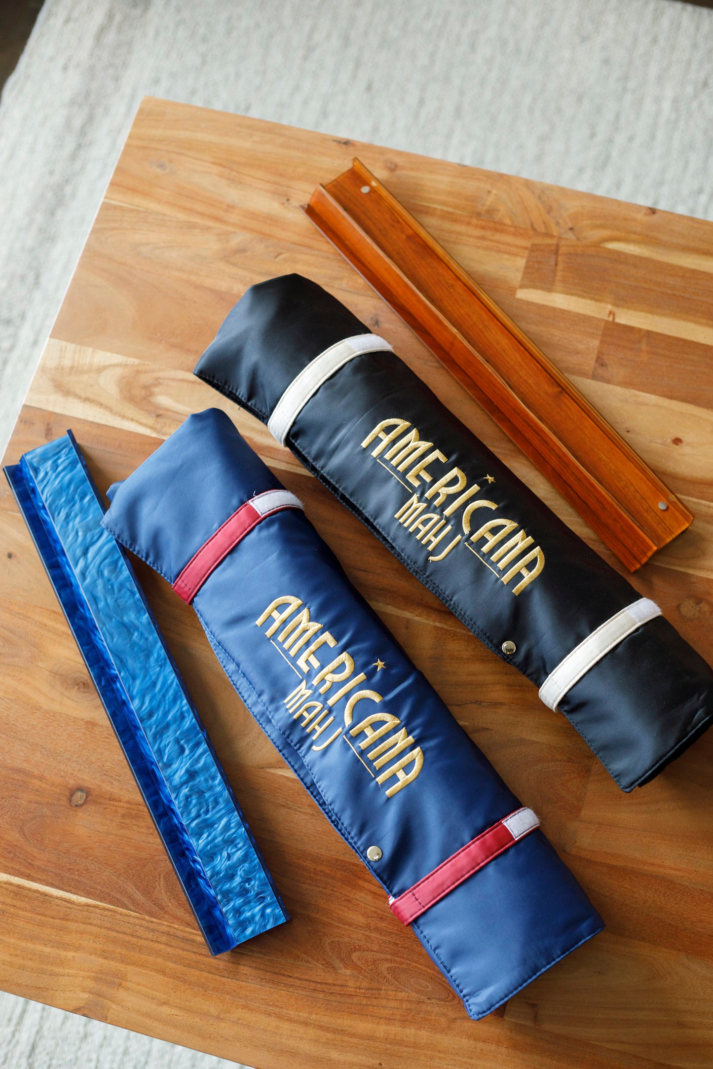 The Rack Roll - Black and Navy with Pearl and Mahogany Racks for mahjong Americana Mahj American wood tiles luxury Comparison
